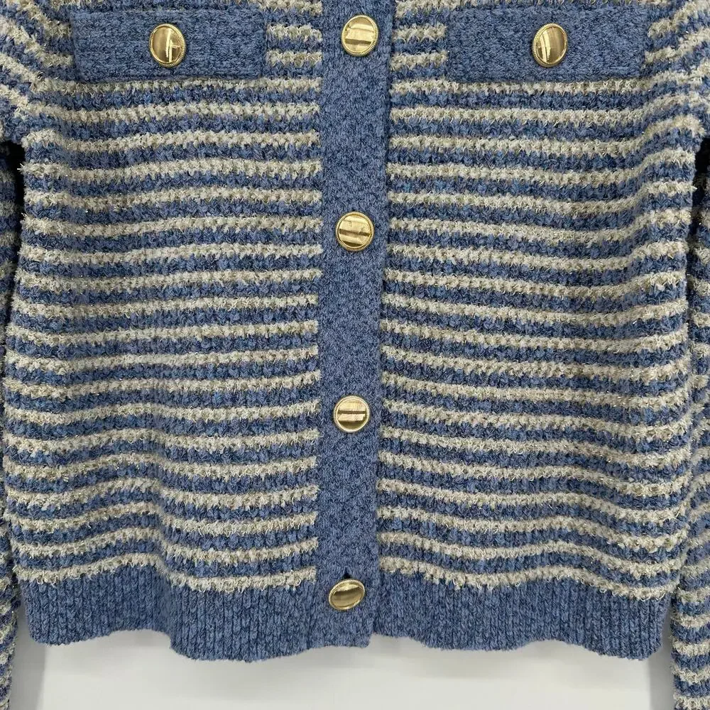 Ann Taylor Denim Striped Cardigan Gold Button Sweater Jacket Metallic Blue White - Picture 8 of 13